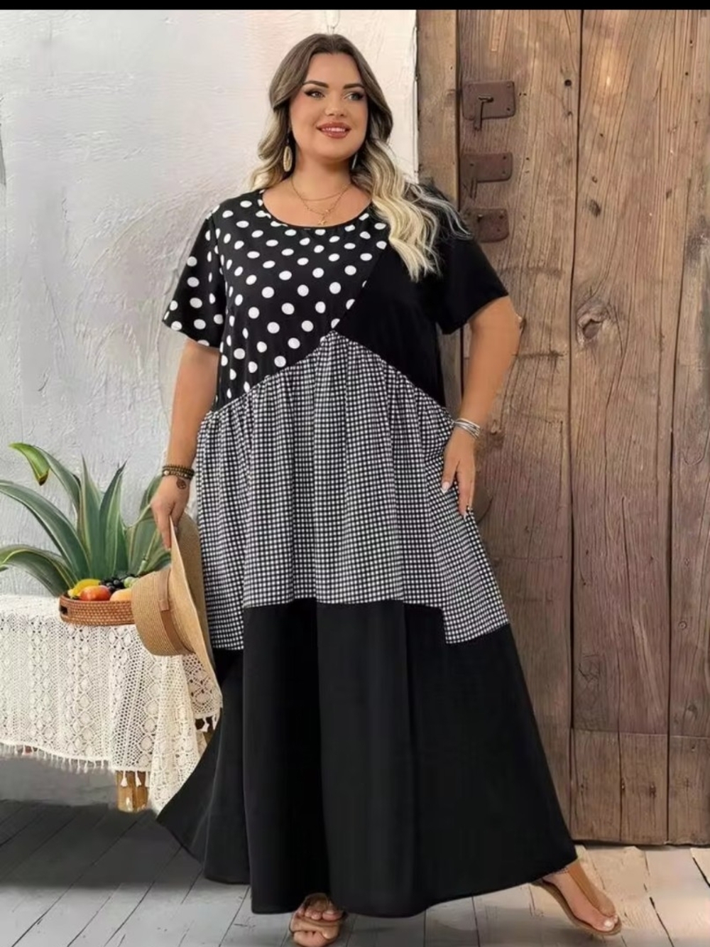 Plus Size Black Pattern-Block Maxi Dress with Polka Dot & Gingham Panels